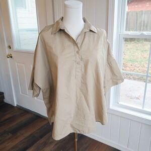 LOFT Womens Oversized Popover Short Sleeve Top S Tan Lagenlook Casual Minimalist